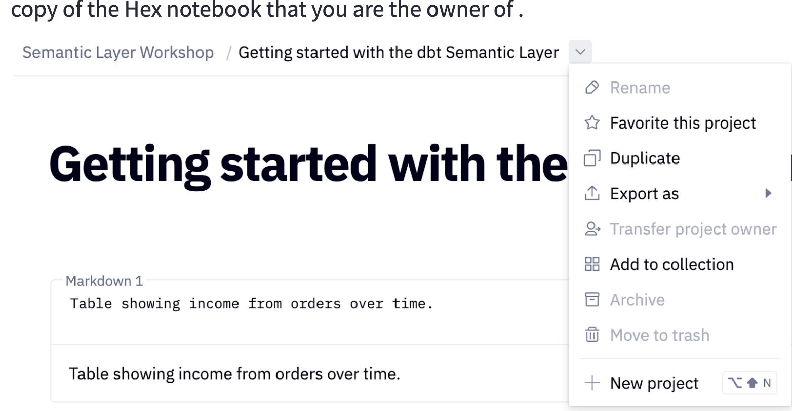 Click the 'Duplicate' button from the project dropdown menu to create a Hex notebook copy.